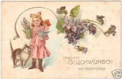 21487 Geburtstags Präge Ak Kind und Katze 1906