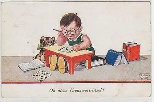 64944 Humor Ak Kind und Hund "Oh dies Kreuzworträtsel!" 1935