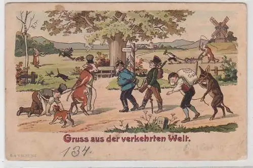 71347 Ak Lithographie Gruss aus der verkehrten Welt um 1900