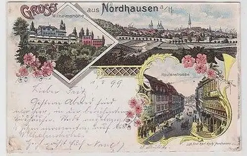 62890 Ak Lithografie Gruss aus Nordhausen am Harz Rautenstr., Wilhelmshöhe 1899