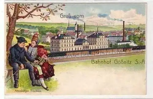 41474 Ak Lithographie Gruß aus Gößnitz S.-A. Bahnhof