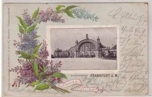 05099 Ak Lithographie Duftende Grüße Frankfurt am Main Hauptbahnhof 1903