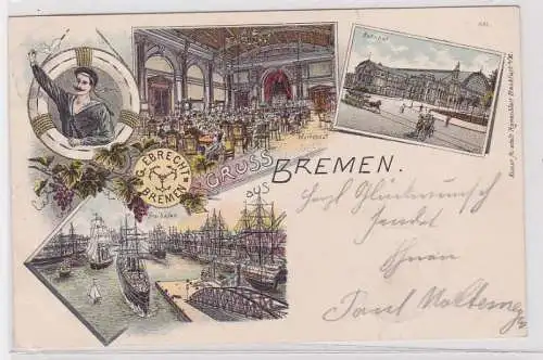 89962 Ak Lithographie Gruß aus Bremen Restaurant G. Ebrecht, Bahnhof, Freihafen