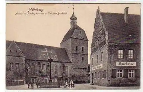 36463 Ak Mühlberg Kirche Rathaus Sparkasse Denkmal 1910