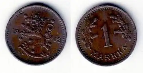 1 Markka Kupfer Münze Finnland 1942