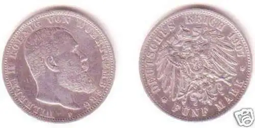 5 Mark Silber Münze Württemberg König Wilhelm II 1907