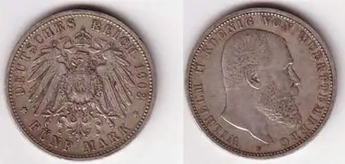 5 Mark Silber Münze Württemberg König Wilhelm II 1903