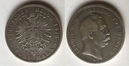 5 Mark Silbermünze Hessen Großherzog Ludwig III 1876 Jäger 67 (122903)