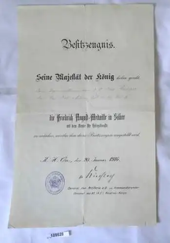 Besitzzeugnis Sachsen zur Friedrich August Medaille in Silber 1. Weltkrieg 1916