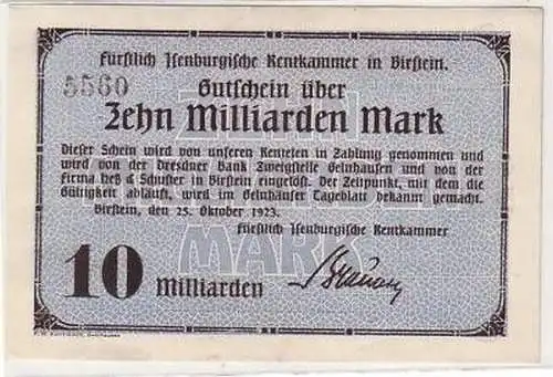 Banknote Inflation 10 Milliarden Mark Birstein 1923