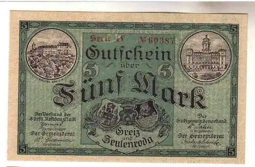 5 Mark Banknote Groß-Notgeld der Städte Greiz Zeulenroda 1918