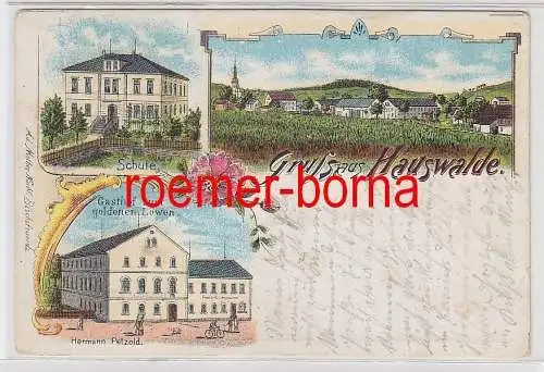 76608 Ak Lithografie Gruss aus Hauswalde Gasthof z. goldenen Löwen + Schule 1908