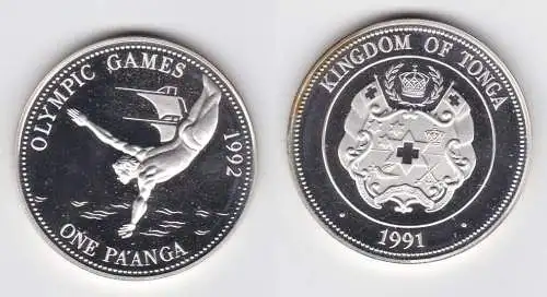 1 Pa´anga Silber Münze Tonga Olympia Barcelona 1992, Turmspringer 1991 (141288)