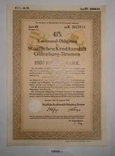 1000 RM Obligation Staatliche Kreditanstalt Oldenburg-Bremen 24.8.1938 (128938)