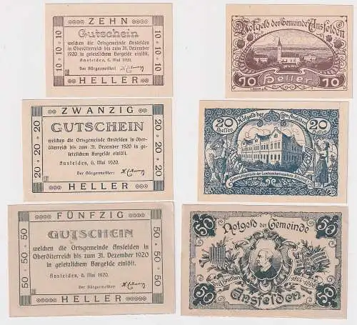 10,20 und 50 Heller Banknoten Notgeld Gemeinde Ansfelden 1920 (128207)