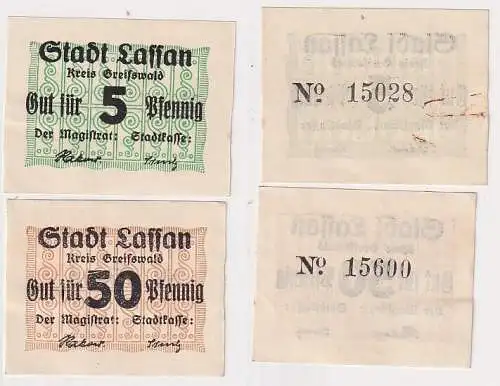 5 & 50 Pfennig Banknoten Notgeld Stadt Lassan o.D. (1920) (111448)