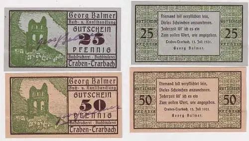 25 & 50 Pfennig Banknoten Notgeld Traben-Trarbach Buchhandlung 1921 (134991)