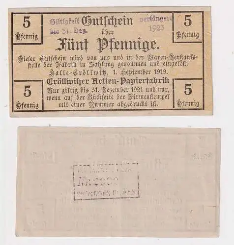 5 Pfennig Banknoten Notgeld Cröllwitzer Aktien Papierfabrik 1919 (126690)