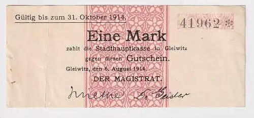 1 Mark Banknoten Notgeld Stadthauptkasse Gleiwitz Gliwice 6.8.1914 (129668)