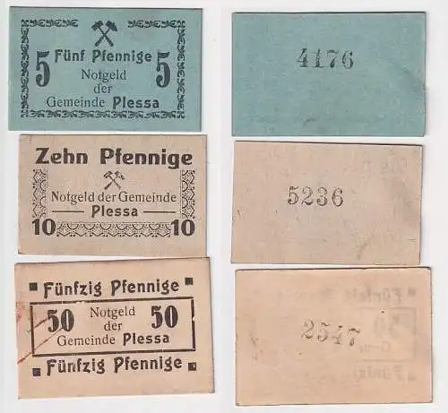 5, 10 & 50 Pfennig Banknoten Notgeld Gemeinde Plessa o.D. (1917) (106588)