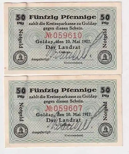 2 x 50 Pfennig Banknoten Notgeld Stadt Goldap in Ostpreussen 10.5.1917 (106582)