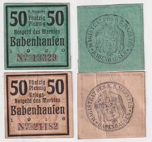 2 x 50 Pfennig Banknoten Notgeld Markt Babenhausen 1918/1920 (106525)