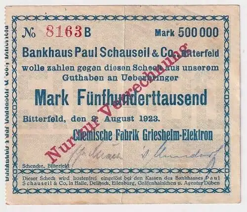 500000 Mark Banknote Bitterfeld Chemische Fabrik Griesheim Elektron 9.8.1923