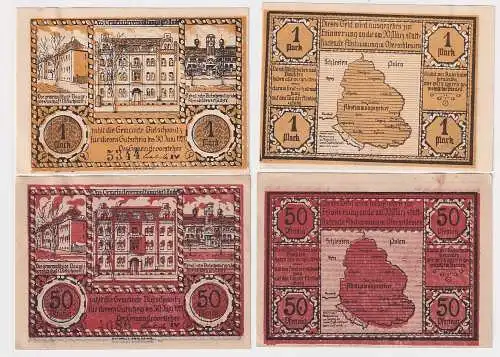 50 Pfennig & 1 Mark Banknoten Notgeld Gemeinde Bielschowitz 1921 (104033)