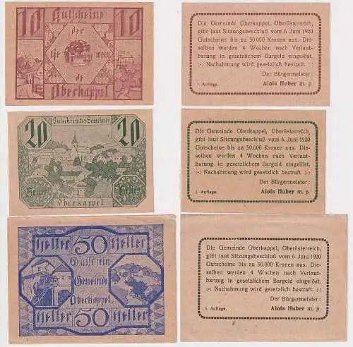 10,20 und 50 Heller Banknoten Notgeld Gemeinde Oberkappel 1920 (126096)