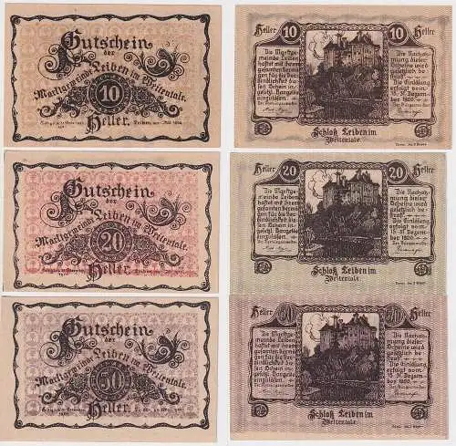 10,20 und 50 Heller Banknoten Notgeld Marktgemeinde Leiben 1920 (120414)