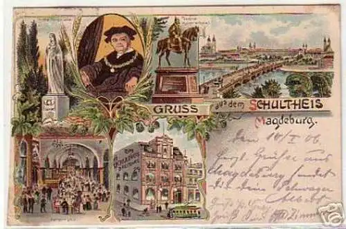 02980 Ak Lithographie Gruß aus dem Schultheis Magdeburg