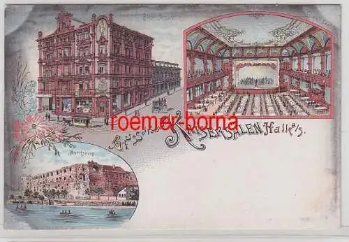 72134 Ak Lithographie Gruss aus den Kaisersälen Halle an der Saale um 1900