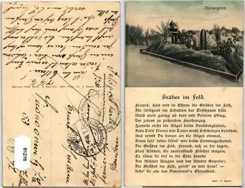 81216 Feldpost AK Dünengrab - Gräber im Feld (Gedicht Mayr. P. Banff.) 1916