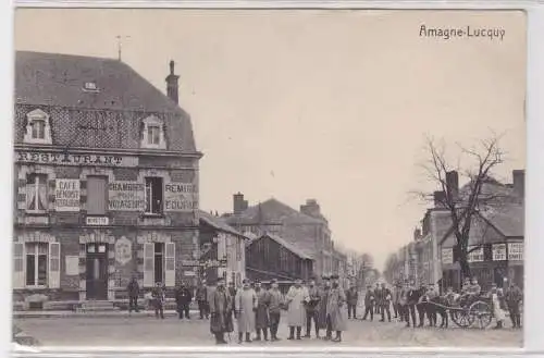 91065 Feldpost AK Amagne-Lucquy - Restaurant, Soldatenaufmarsch 1. Weltkrieg