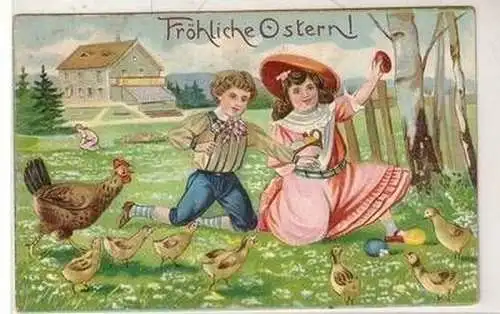 45733 Präge Oster Ak Kinder mit Küken und Huhn 1911