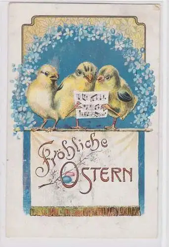 87752 Glückwunsch AK Fröhliche Ostern - 3 Küken auf Stange singen ein Lied 1908