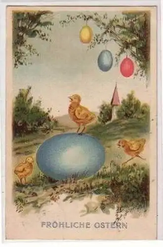 04688 Fröhliche Ostern Präge Ak 3 Küken mit Ostereiern 1908