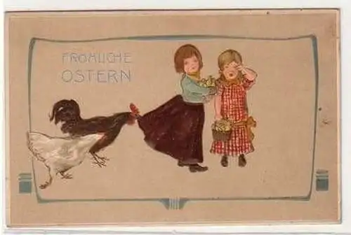 50453 Oster Präge Ak Kinder mit Küken von Hahn festgehalten um 1900