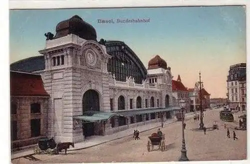 59673 Ak Basel Bundesbahnhof mit Kutschen davor um 1910