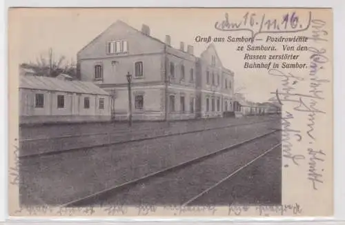 94230 AK Gruß aus Sambor (Pozdrowienie ze Sambora), v. Russen zerstörter Bahnhof