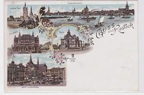 90834 Ak Lithographie Gruß aus Rostock Ständehaus, Theater usw. um 1900