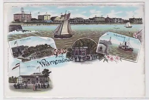 90837 Ak Lithographie Gruß aus Warnemünde Schweizerhaus usw. um 1900