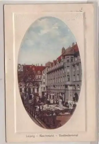 19/5 geprägte Ak Leipzig Naschmarkt Goethedenkmal 1916