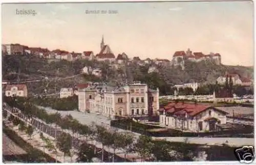 25023 Ak Leisnig Bahnhof mit Stadt 1908