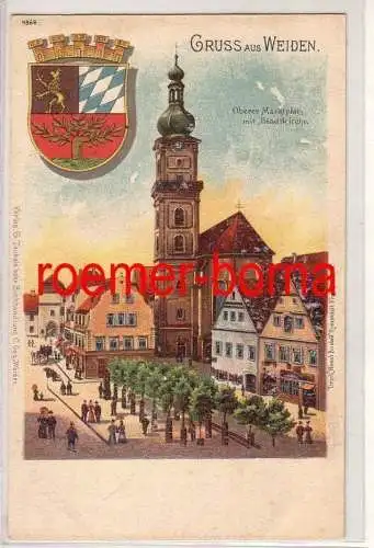 79801 Ak Lithographie Gruß aus Weiden oberer Marktplatz mit Stadtkirche um 1900