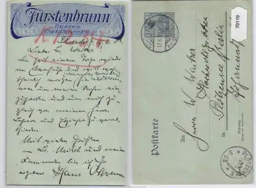 70119 Ganzsachen Postkarte P63 Zudruck Fürstenbrunn Bestes Tafelwasser 1903