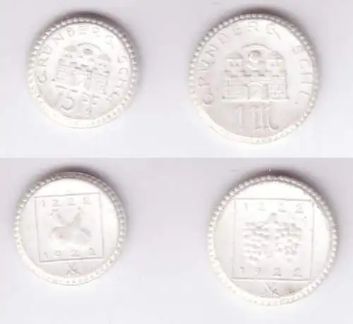 Satz mit 2 Porzellan Münzen 75 Pfennig und 1 Mark Grünberg in Schlesien 1922