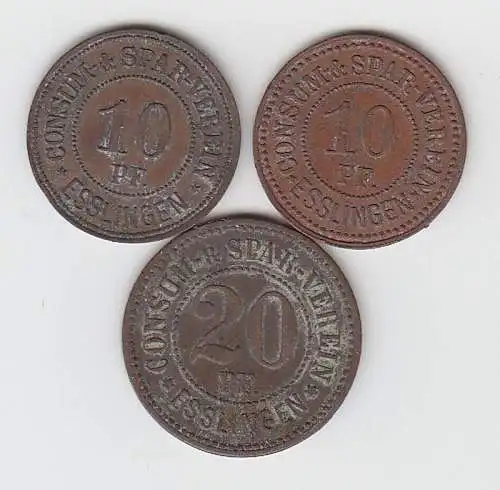 3 Bronze Münzen 2 x 10, 20 Pfennig Notgeld Consum Spar Verein Esslingen um 1920