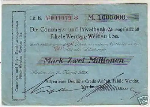 seltene Banknote Inflation 2 Millionen Mark 1923 Werdau