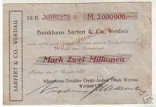 seltene Banknote Inflation Sarfert & Co. Werdau 1923